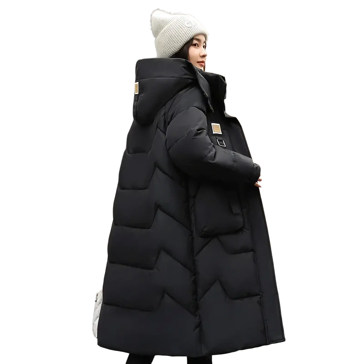 Black quilted women long winter puffer coat with hood and front pockets for warm outdoor use