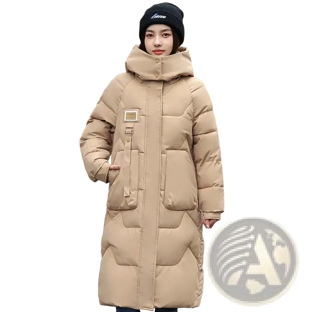 Beige women long winter puffer coat with high collar front zipper closure and multiple pockets for warmth and comfort