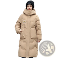 Beige women long winter puffer coat with high collar front zipper closure and multiple pockets for warmth and comfort