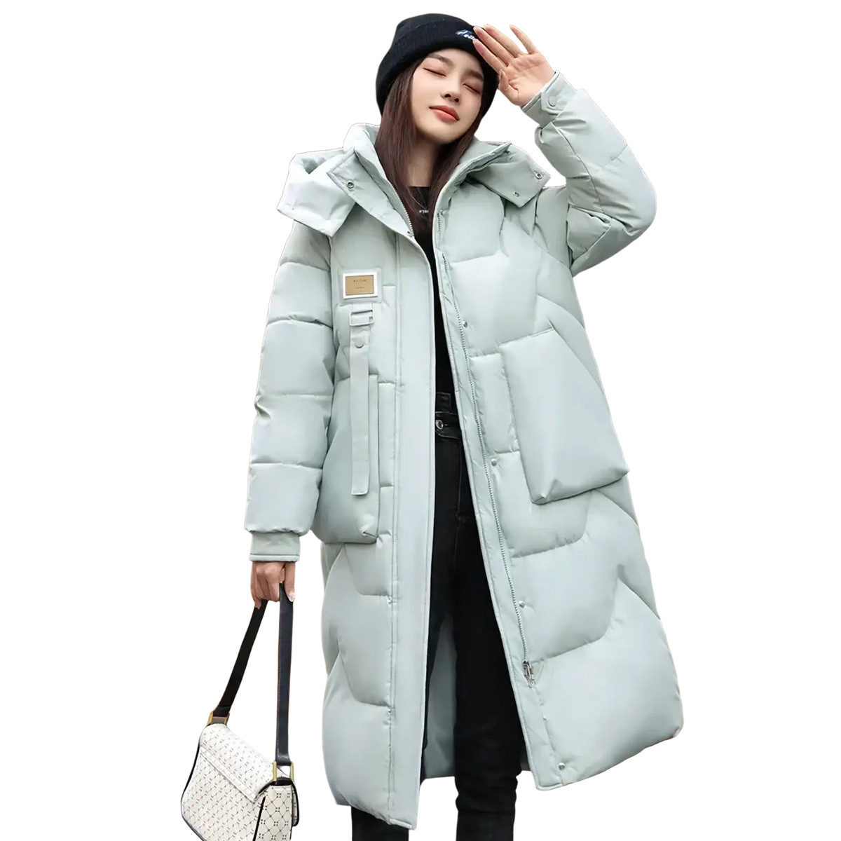 Women long winter puffer coat light mint green quilted hooded warm parka with front pockets