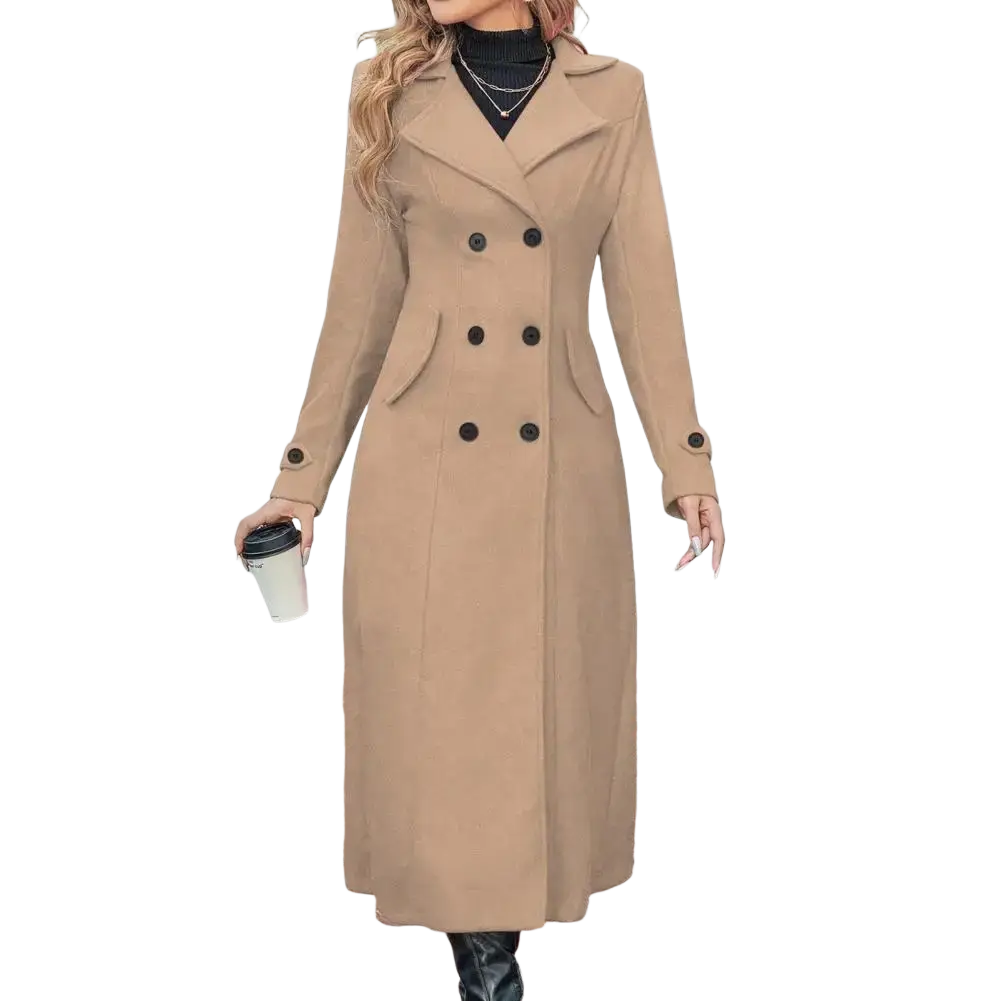 Beige long double-breasted wool coat with black buttons and classic collar for women winter overcoat
