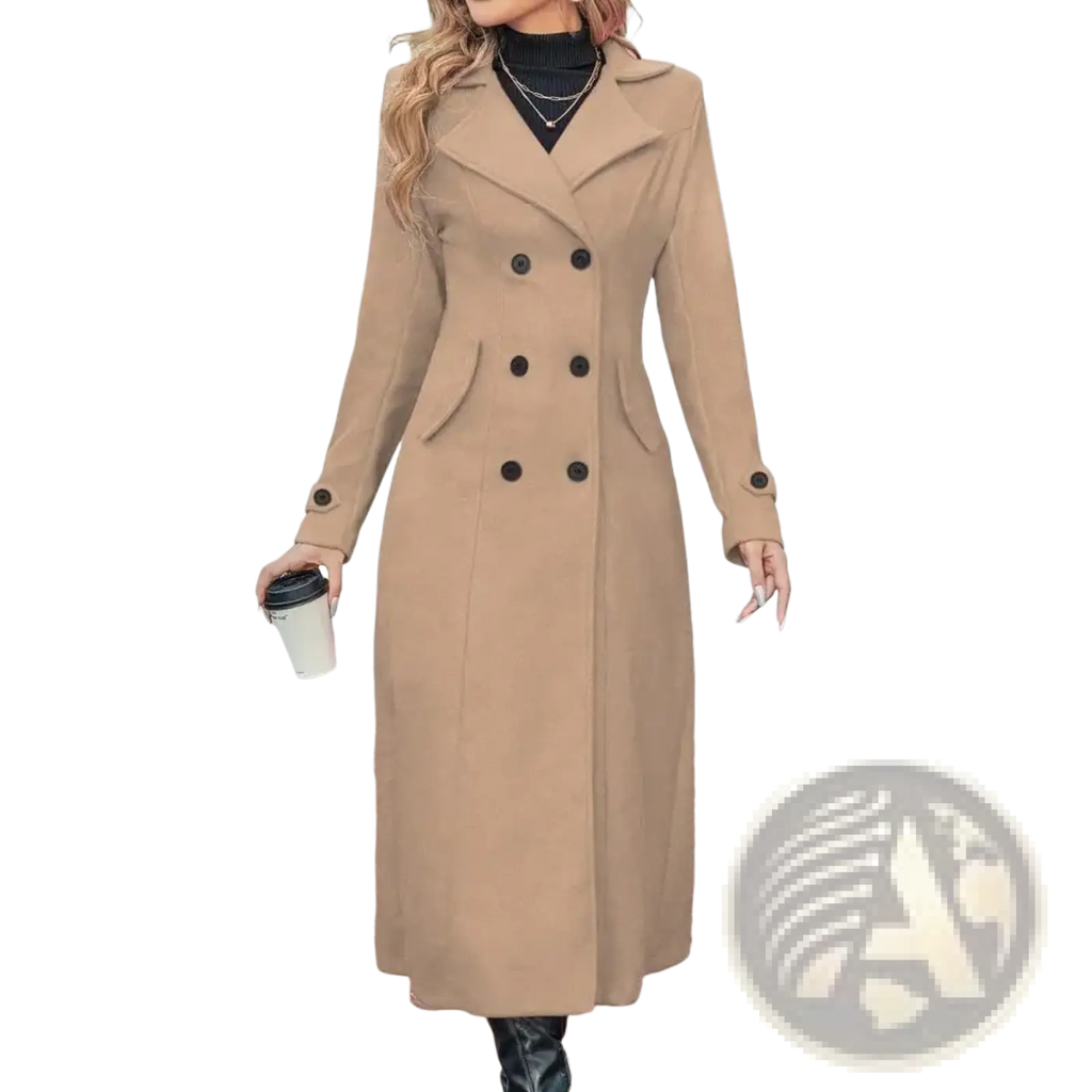 Beige long double-breasted wool coat with black buttons and classic collar for women winter overcoat