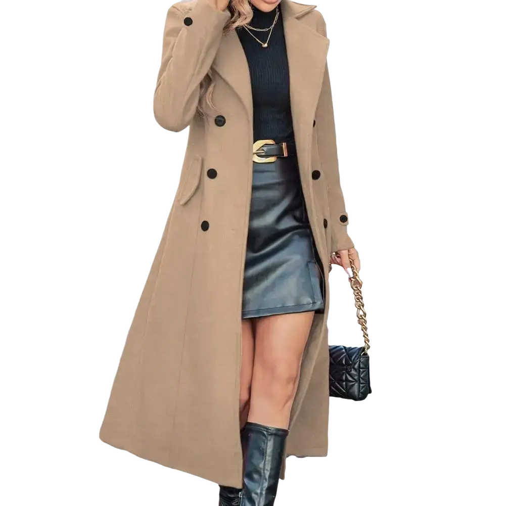 Beige women long wool coat with double-breasted black buttons and notched collar for winter overcoat use