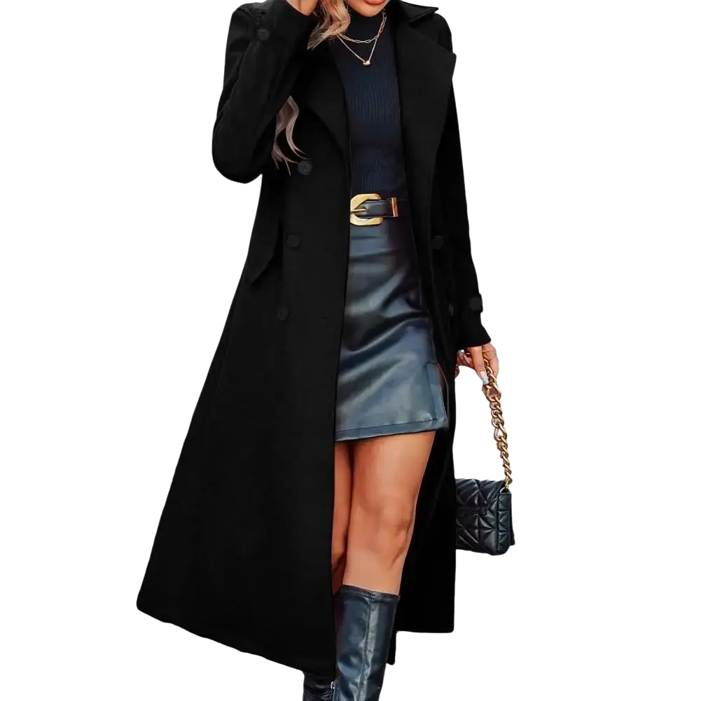 Black double-breasted long wool trench coat for women with notched collar and buttoned cuffs winter overcoat