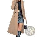 Beige women long wool coat with double-breasted black buttons and notched collar for winter overcoat use