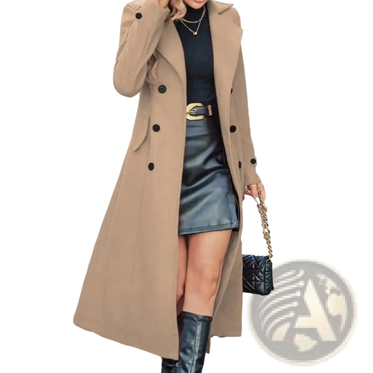 Beige women long wool coat with double-breasted black buttons and notched collar for winter overcoat use