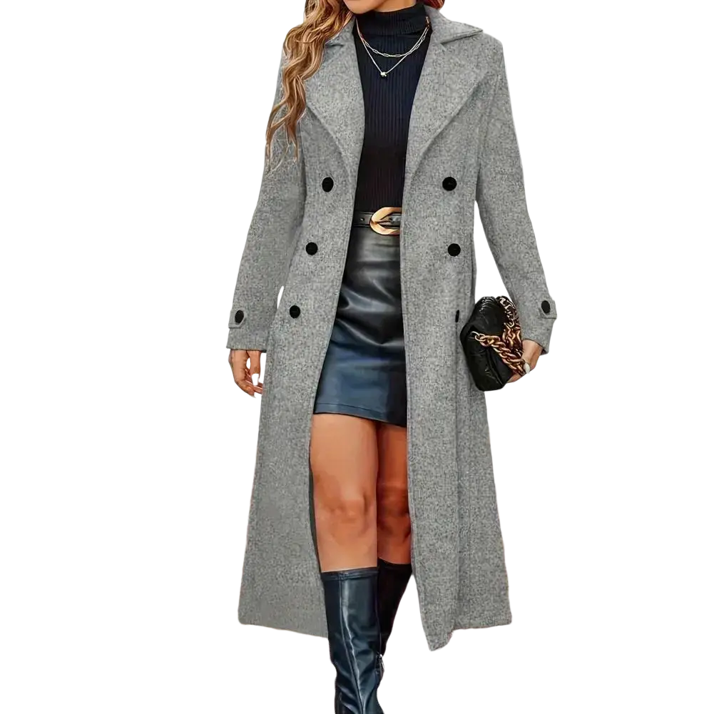 Women long gray wool coat with double breasted black buttons and notched collar for winter wear