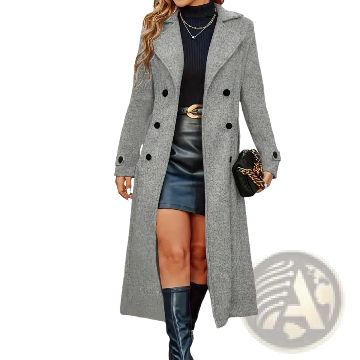 Women long gray wool coat with double breasted black buttons and notched collar for winter wear