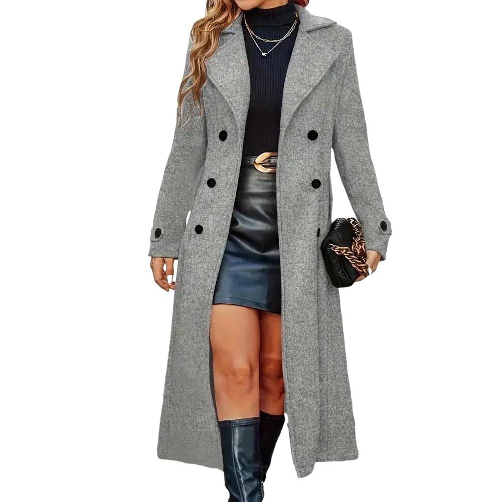 Women long gray wool coat double breasted winter overcoat featuring black buttons and a woolen material for warmth
