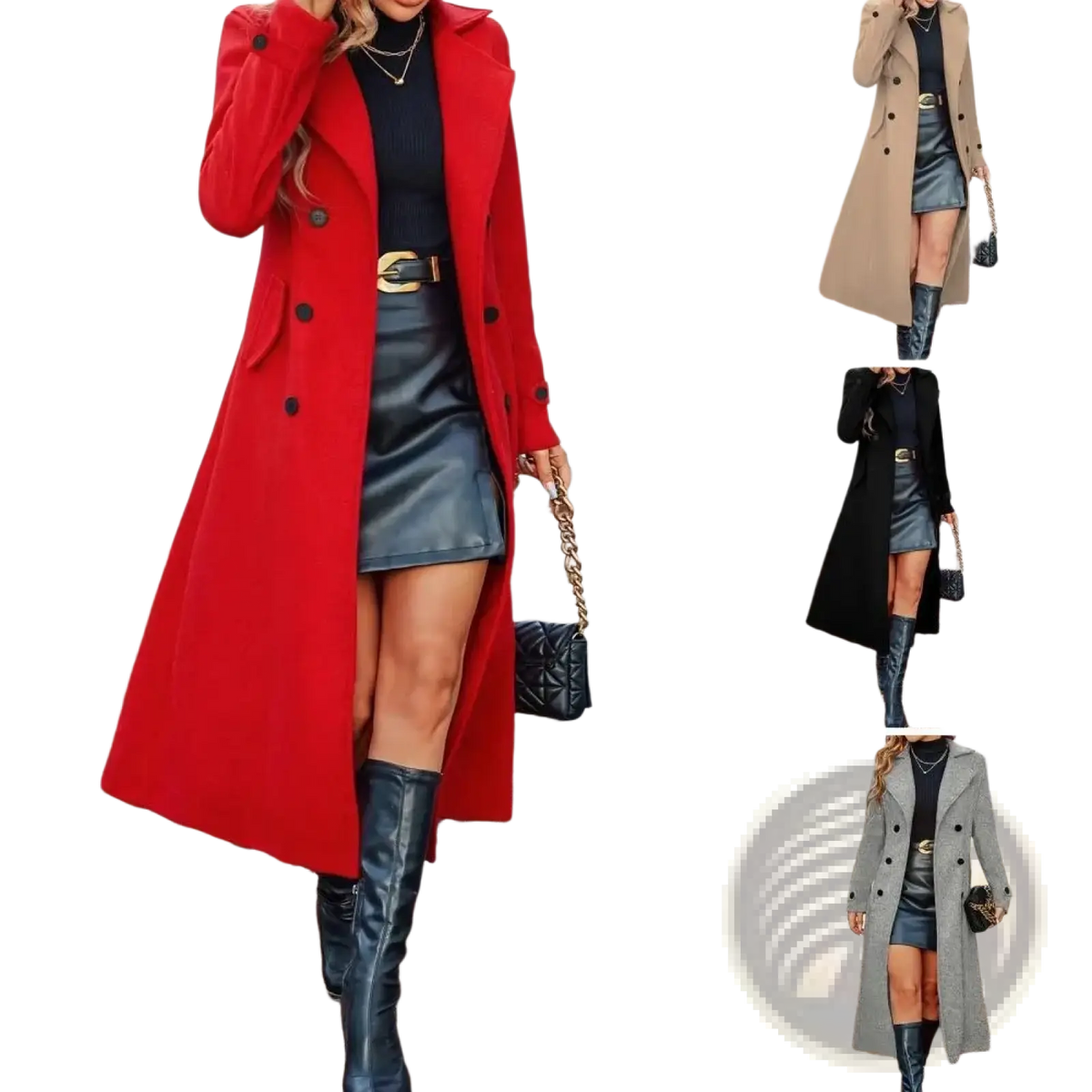Vibrant red women long wool coat with double-breasted black buttons and gold belt buckle for winter wear