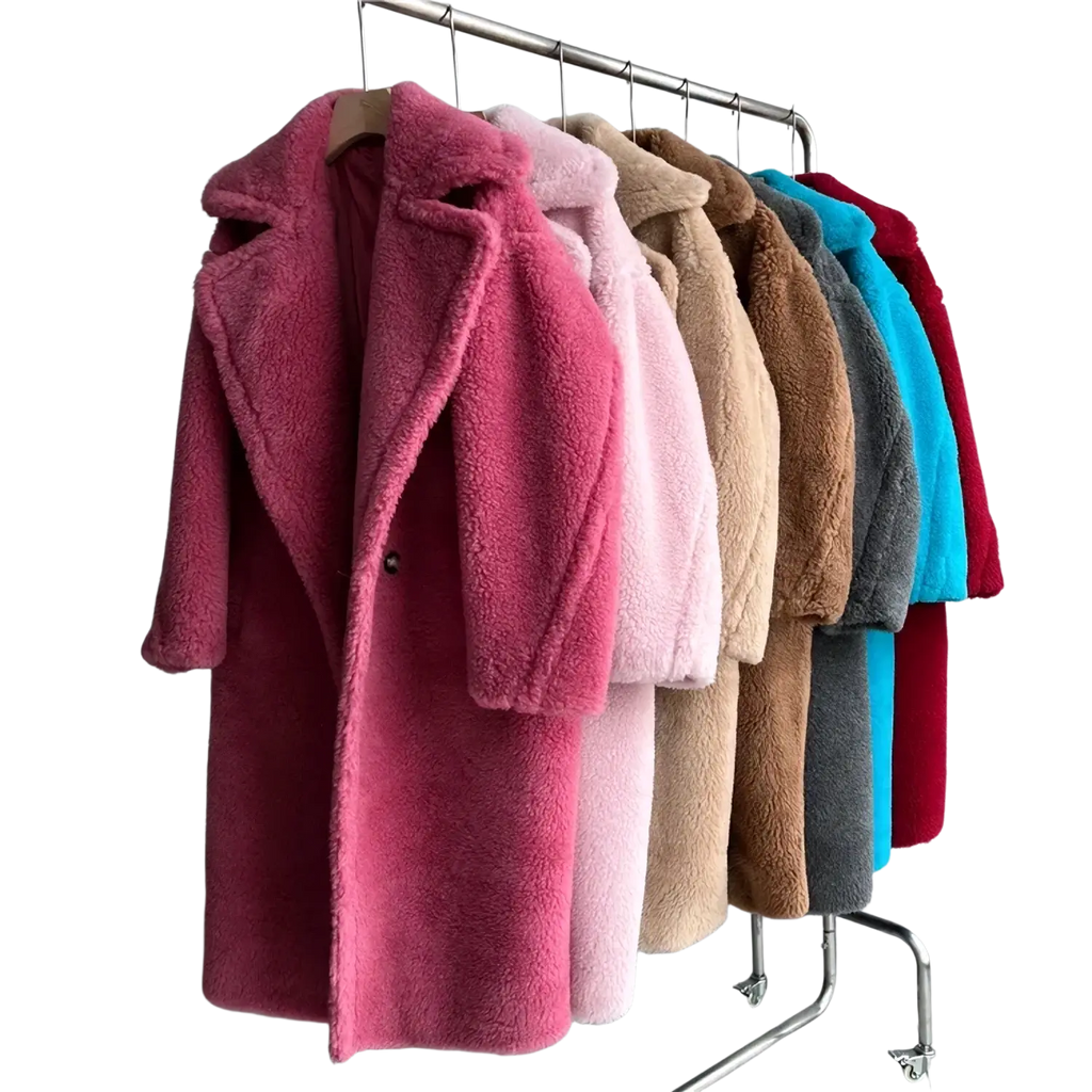 A vibrant pink women long wool teddy bear coat with soft fuzzy texture classic collar and detailed chest circumference
