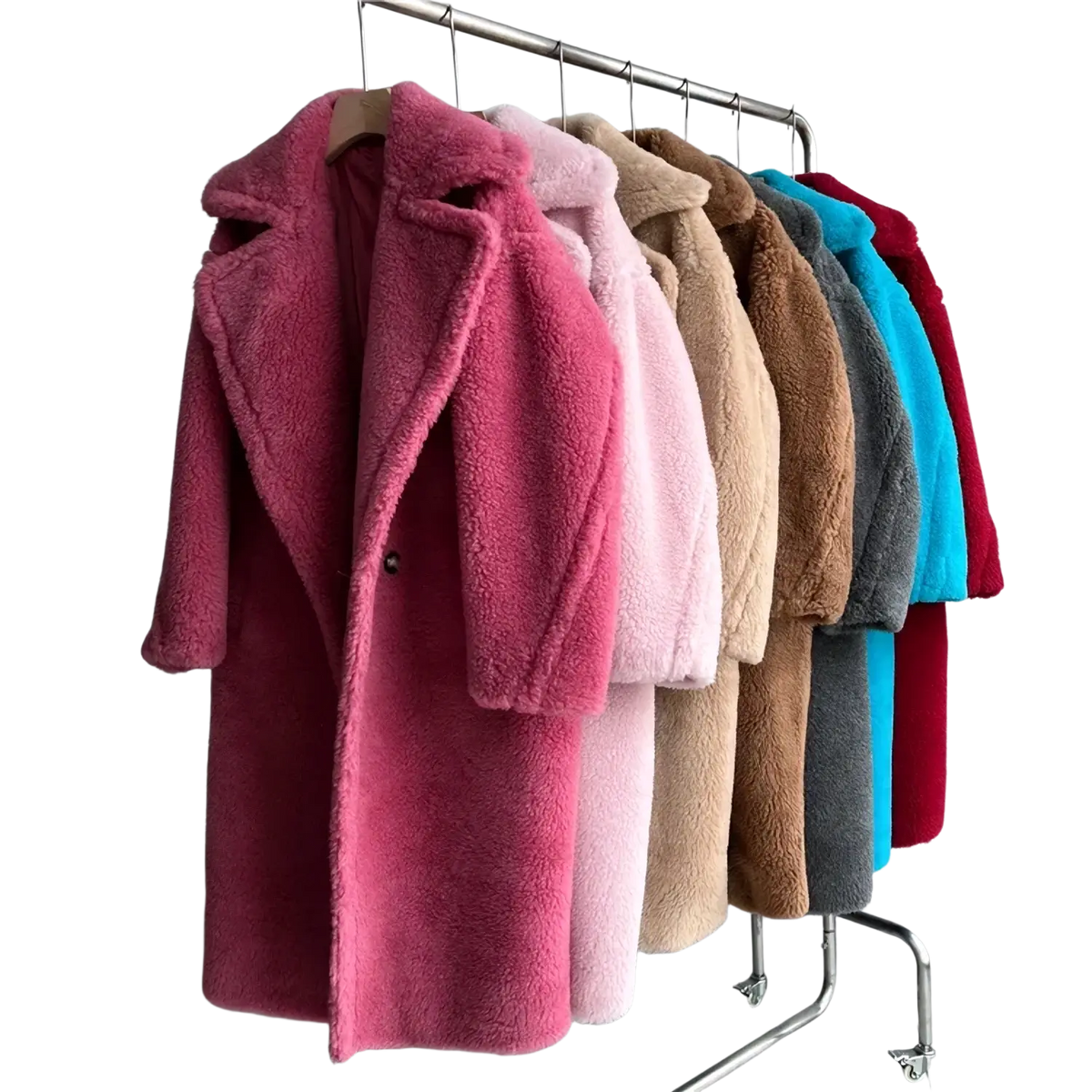 A vibrant pink women long wool teddy bear coat with soft fuzzy texture classic collar and detailed chest circumference