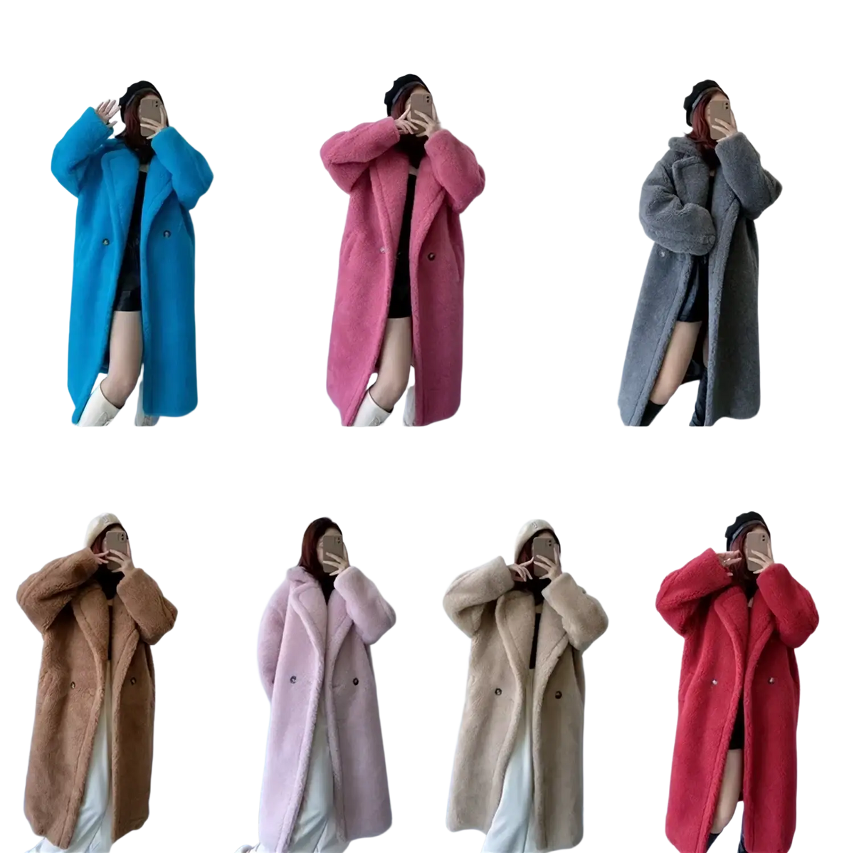 Women long wool teddy bear coat outerwear in six vibrant colors with chest circumference details and customer service support