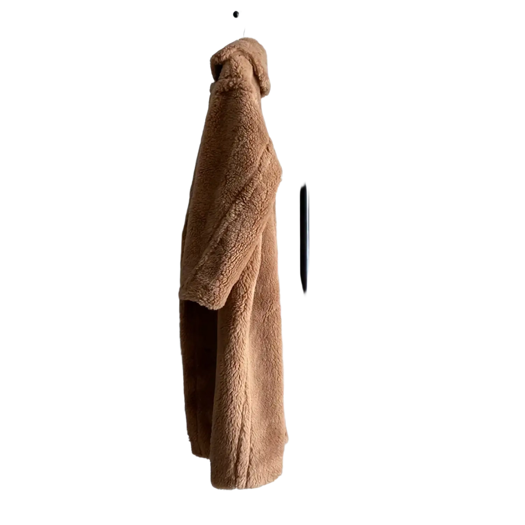 A plush tan wool women long teddy bear coat hangs on a black metal rack highlighting chest and hip circumference