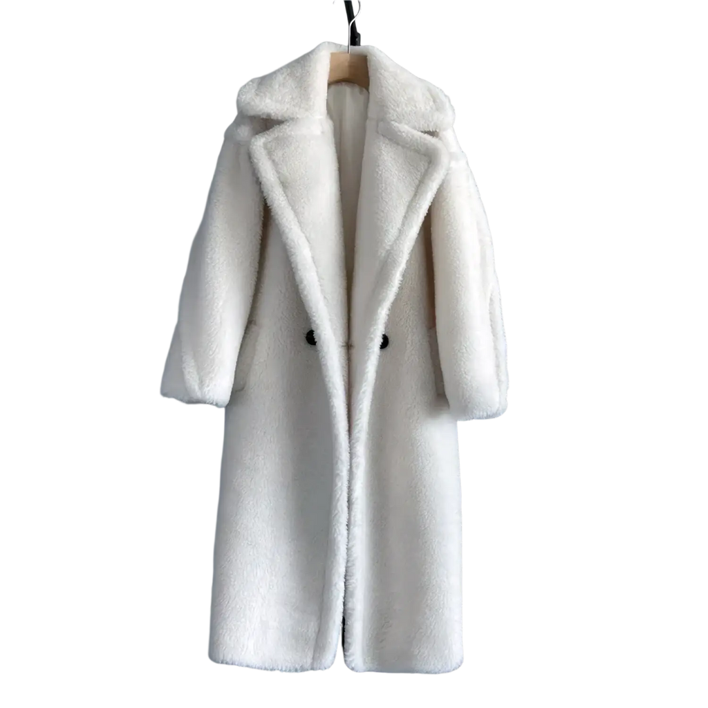 Women long wool teddy bear coat in off-white faux fur with oversized silhouette and black buttons for chest circumference and hip circumference customer service