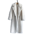 Women long wool teddy bear coat in off-white faux fur with oversized silhouette and black buttons for chest circumference and hip circumference customer service