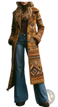 Women long woolen overcoat in mustard yellow with geometric embroidery and plush brown shearling collar