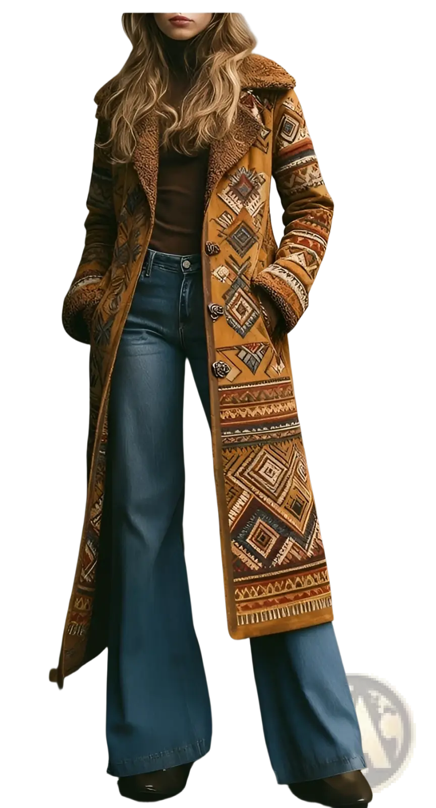 Women long woolen overcoat in mustard yellow with geometric embroidery and plush brown shearling collar
