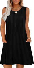 Women’s loose black sleeveless summer beach dress with vertical pleats on bodice and side pockets