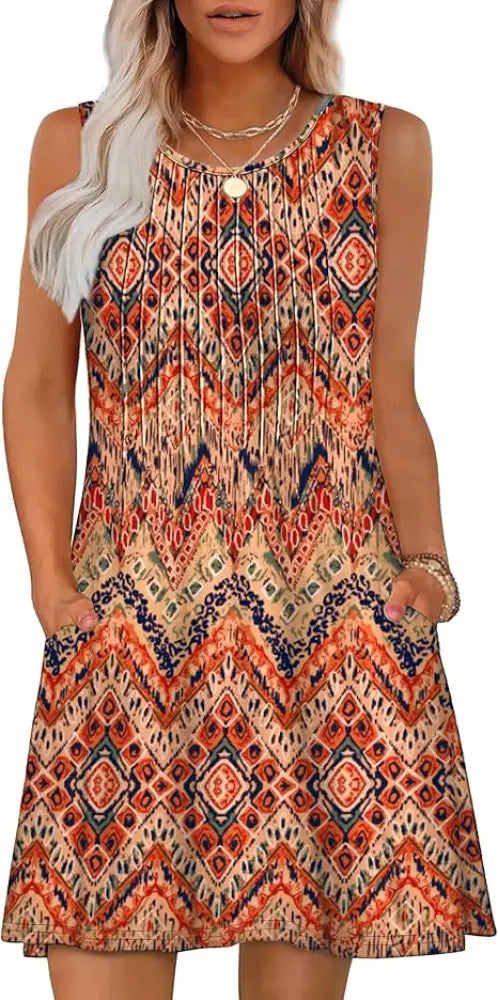 Women’s loose sleeveless knee-length summer beach dress with vibrant orange blue beige geometric diamond and zigzag pattern