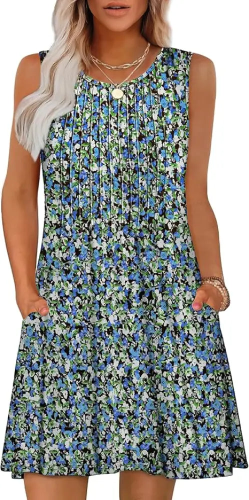 Women sleeveless loose summer beach dress with blue green white floral print pleated neckline and side pockets