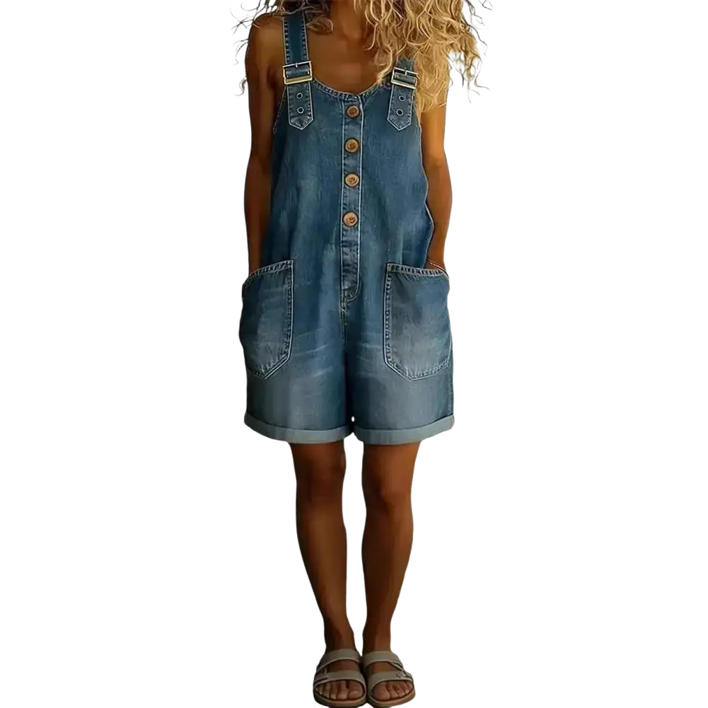 Women loose fit denim overalls jumpsuit in blue denim with brown buttons and rolled cuffs sleeveless design