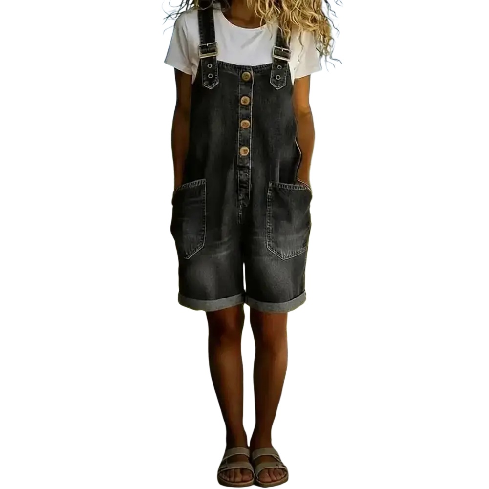 Women loose fit dark-wash denim overalls jumpsuit with button closures and rolled cuffs for casual wear