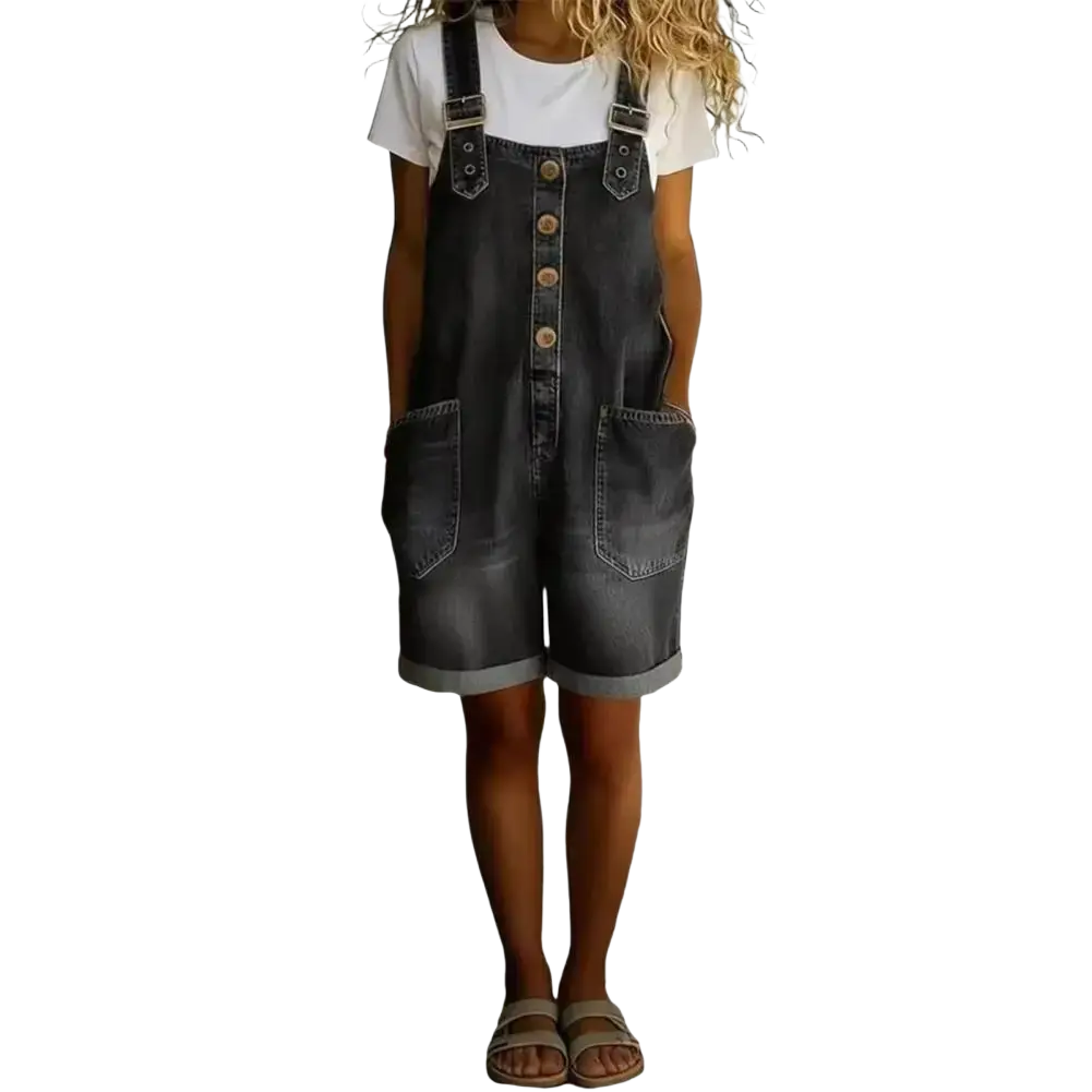 Women loose fit denim overalls jumpsuit in dark wash with button closures and rolled cuffs made of denim material