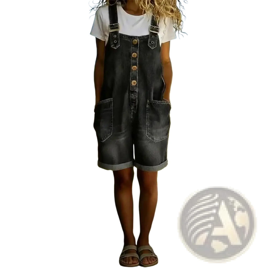 Women loose fit dark-wash denim overalls jumpsuit with button closures and rolled cuffs for casual wear