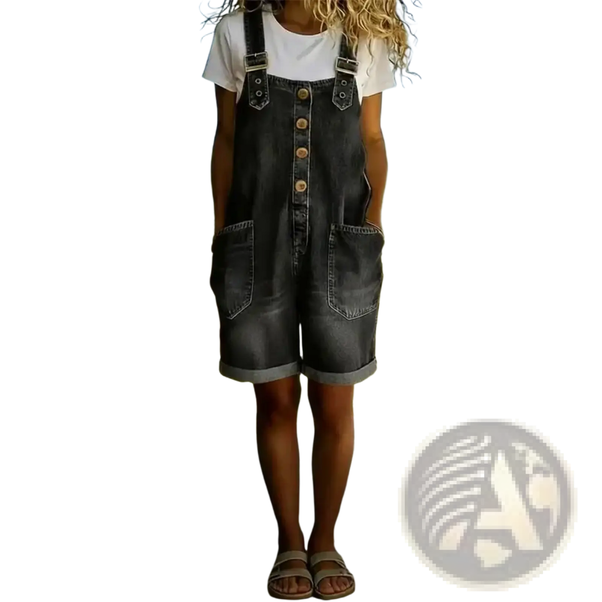 Women loose fit dark-wash denim overalls jumpsuit with button closures and rolled cuffs for casual wear
