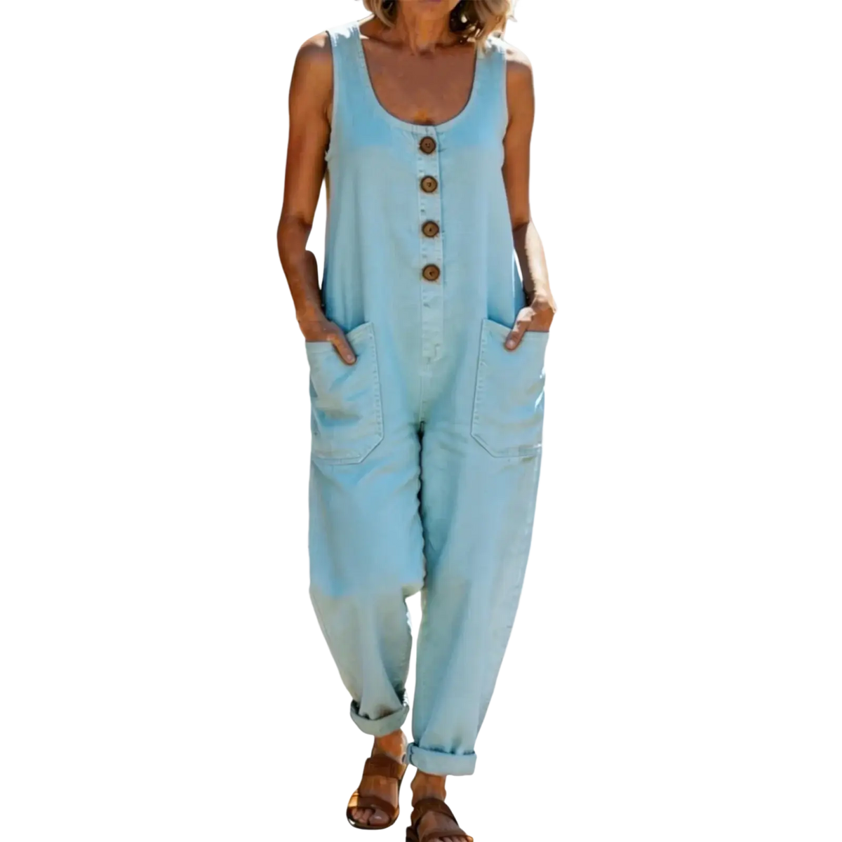 Light blue loose fit denim overalls jumpsuit for women with wooden buttons and rolled up cuffs