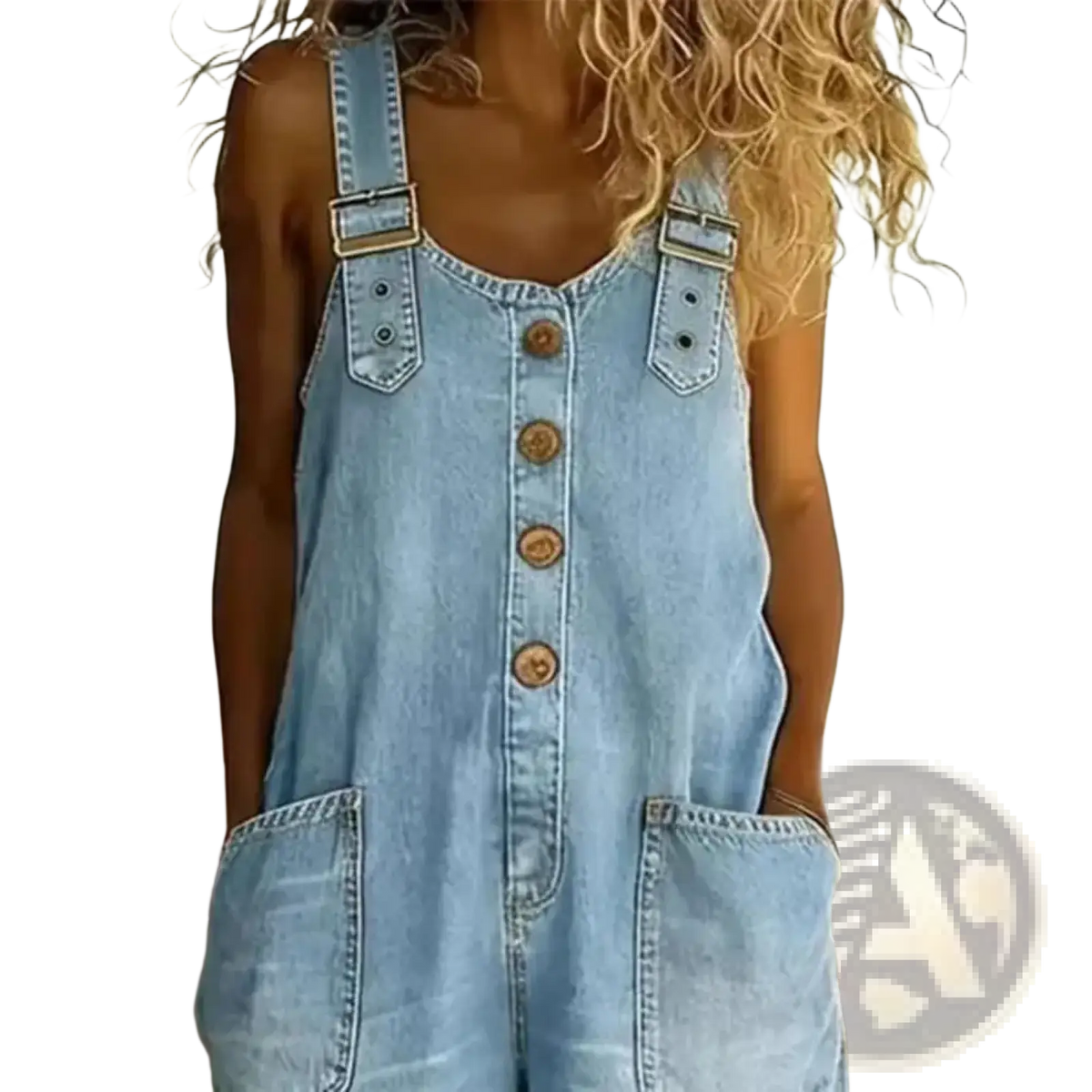 Women loose fit light-wash denim overalls jumpsuit with brown wooden buttons and adjustable metal shoulder straps