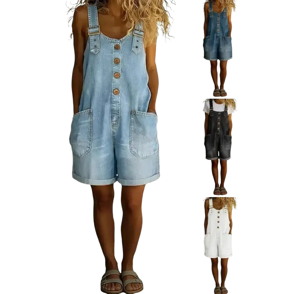 Women loose fit light-wash denim overall shorts with button-front closure and rolled cuffs in cotton material