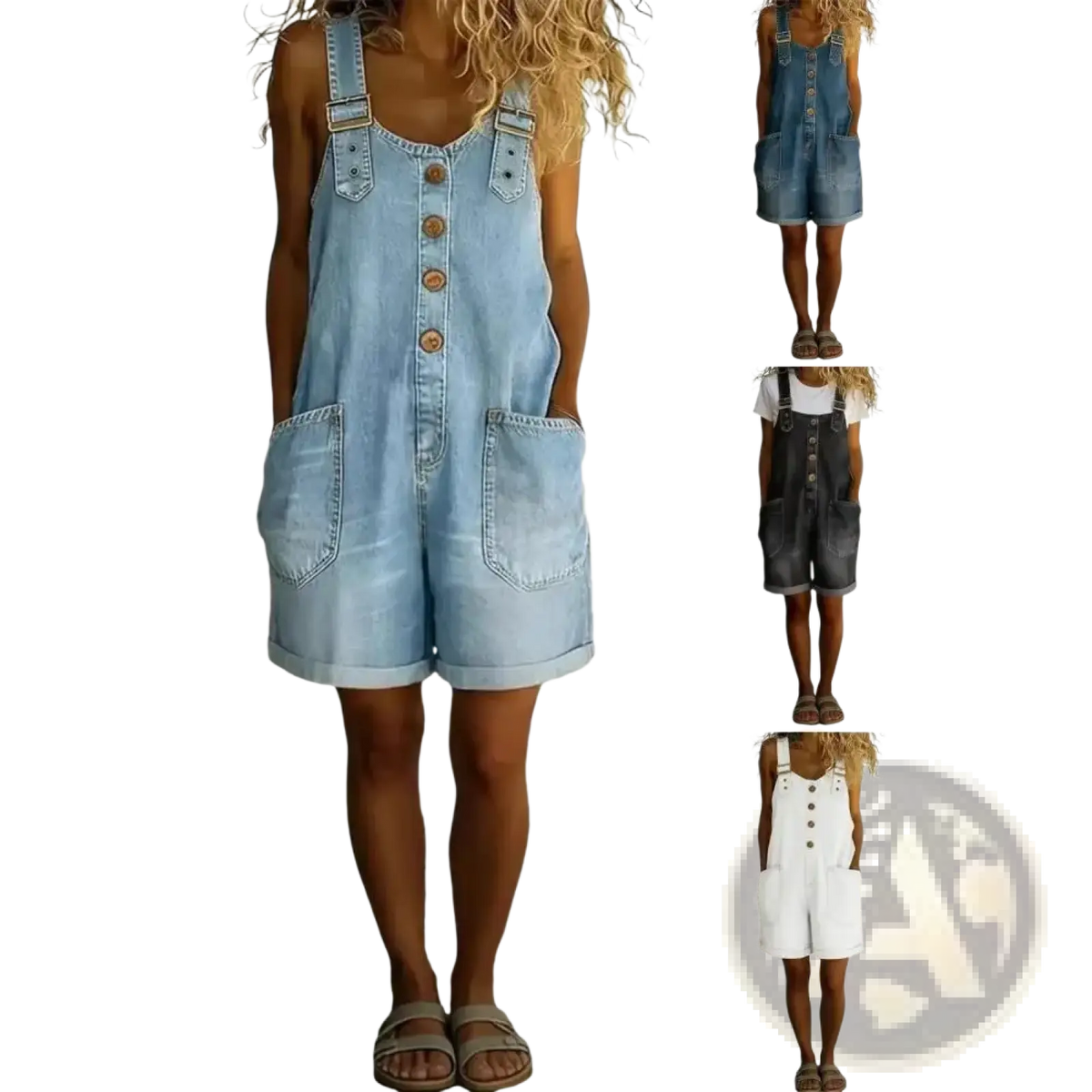 Women loose fit light-wash denim overall shorts with button-front closure and rolled cuffs in cotton material