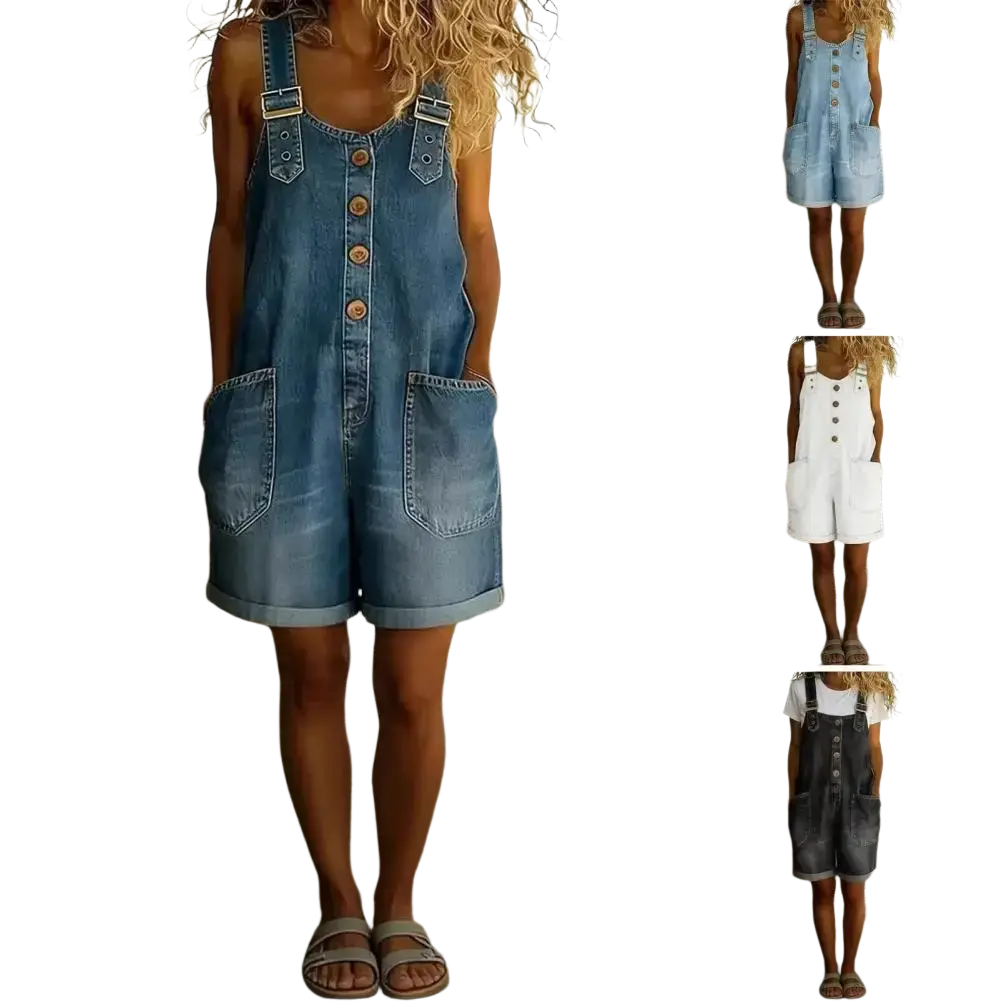 Women loose fit denim overalls jumpsuit in medium blue with button closures and rolled cuffs made of denim material