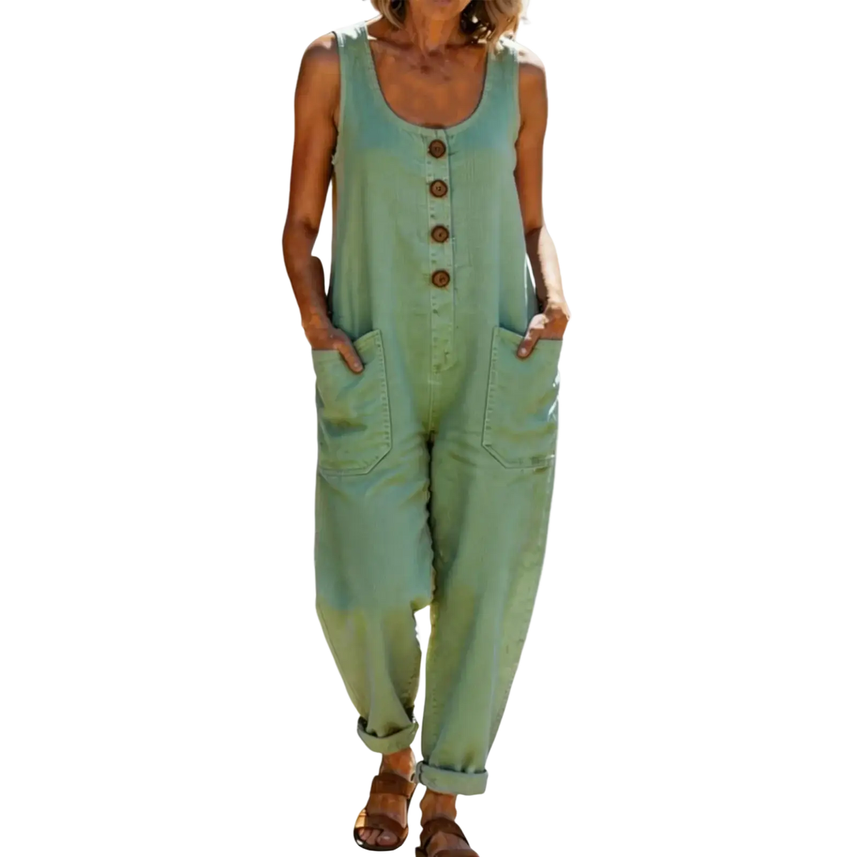 Women loose fit denim overalls jumpsuit in soft sage green with button-front design and rolled-up cuffs