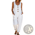 White sleeveless loose fit denim jumpsuit with wooden buttons and rolled-up cuffs for women