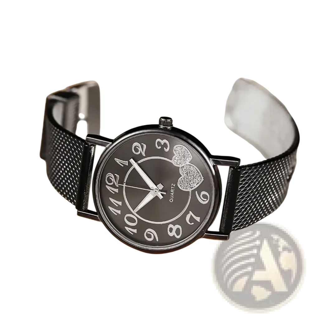 Women luxury ceramic watch with black mesh band, round face, white numerals, and two sparkling heart-shaped accents