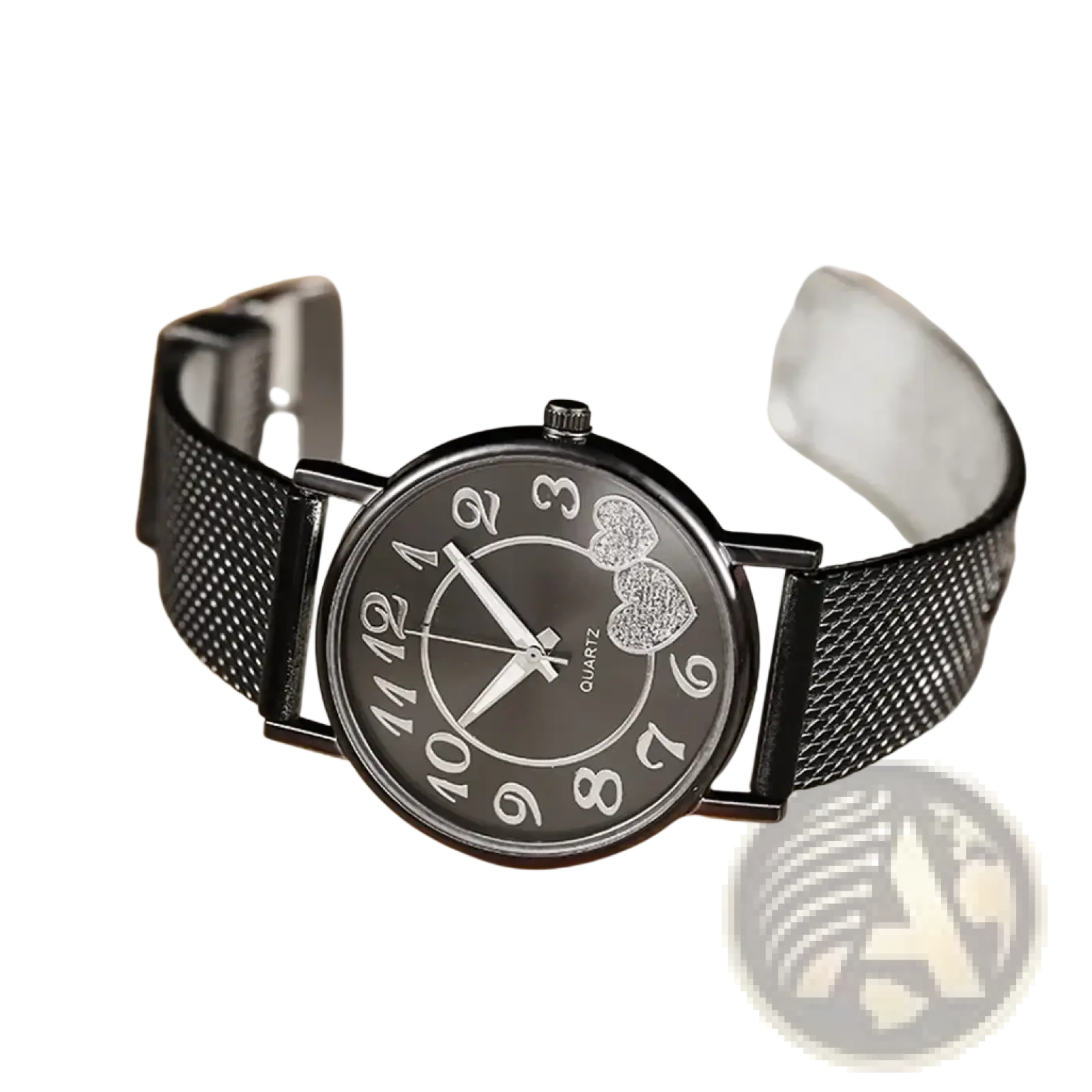 Women luxury ceramic watch with black mesh band, round face, white numerals, and two sparkling heart-shaped accents
