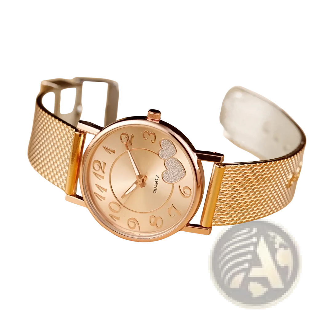 Women luxury ceramic watch with rose gold mesh strap round face heart embellishments and arabic numerals