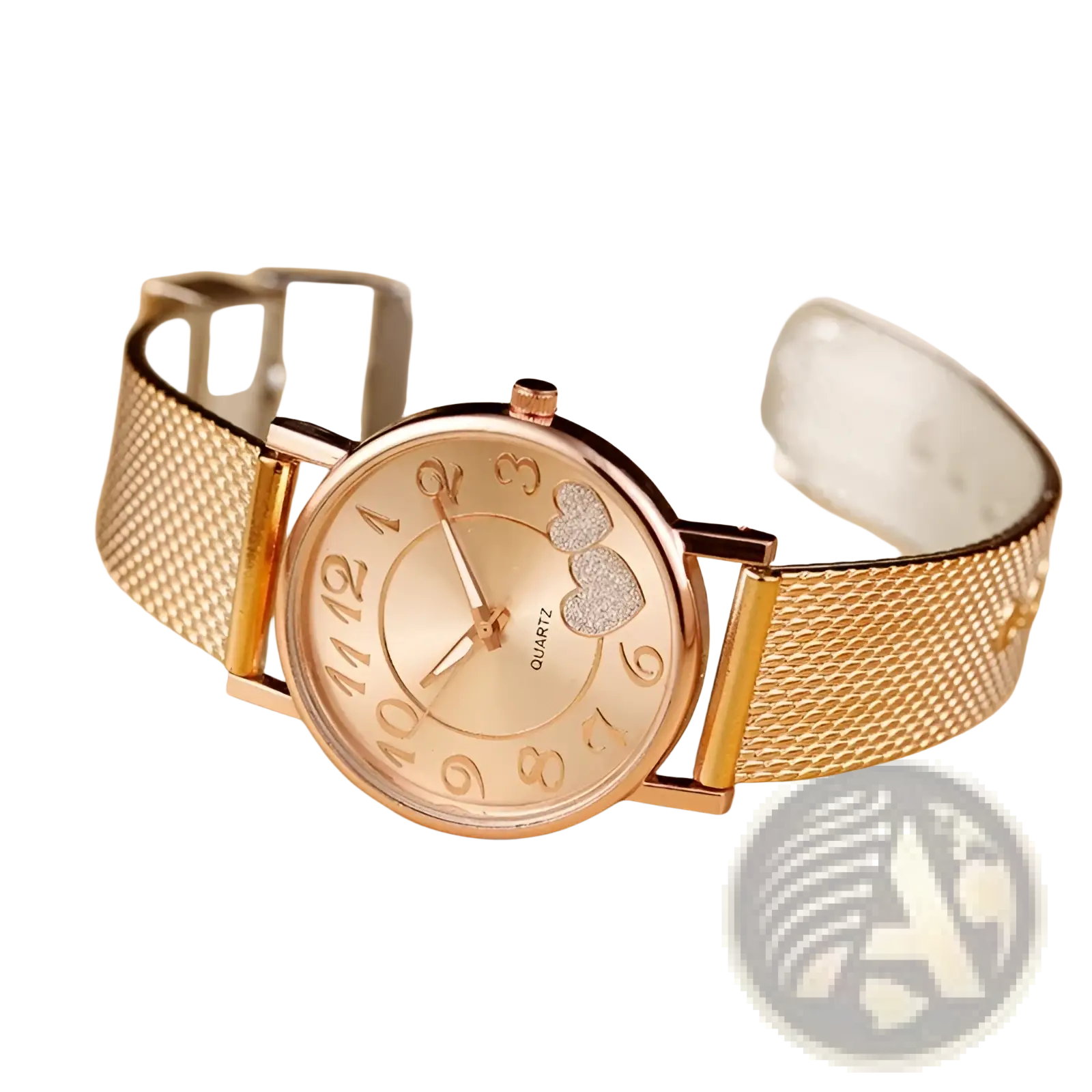 Women luxury ceramic watch with rose gold mesh strap round face heart embellishments and arabic numerals