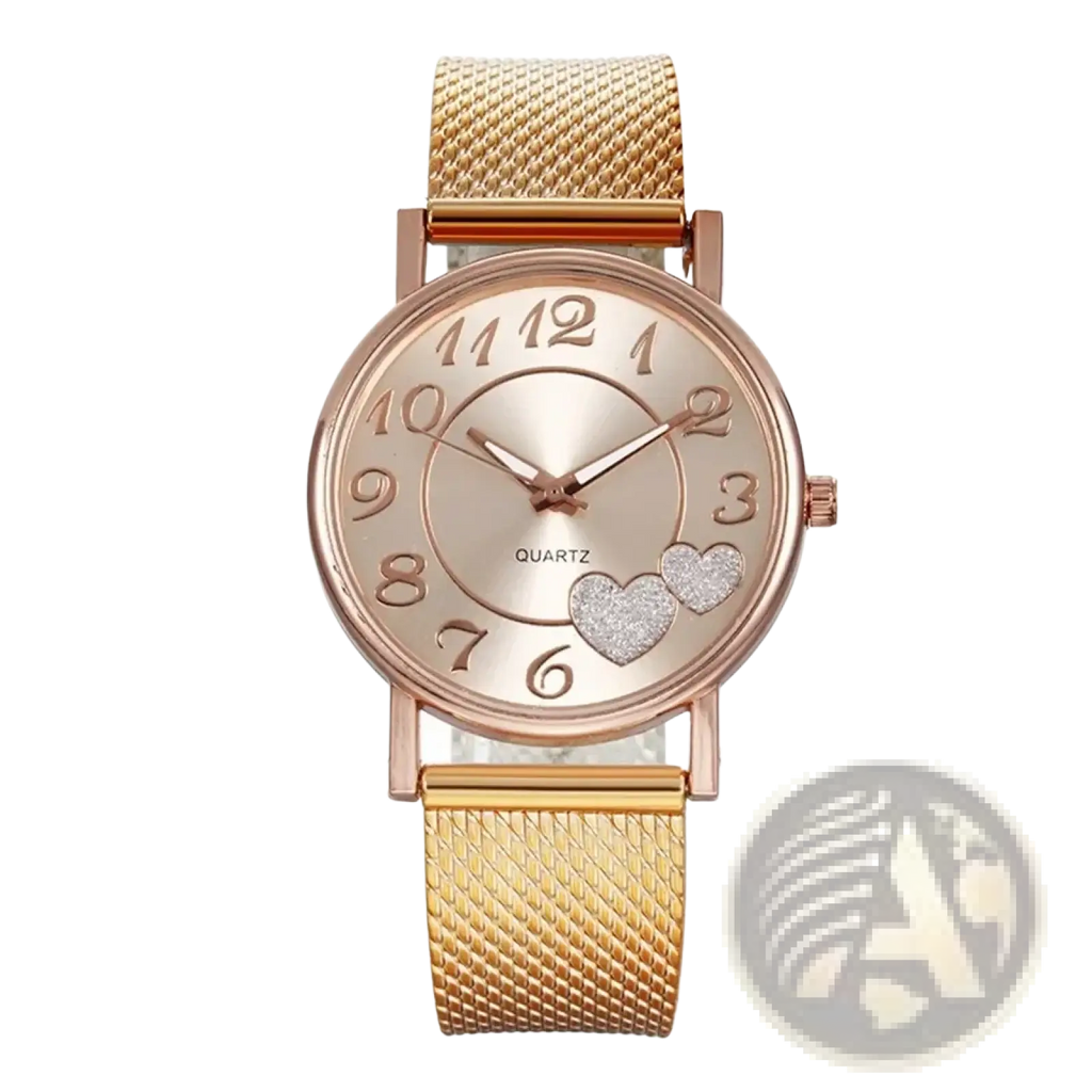 Women luxury ceramic watch with rose gold mesh strap, round face, heart-shaped embellishments, and arabic numerals