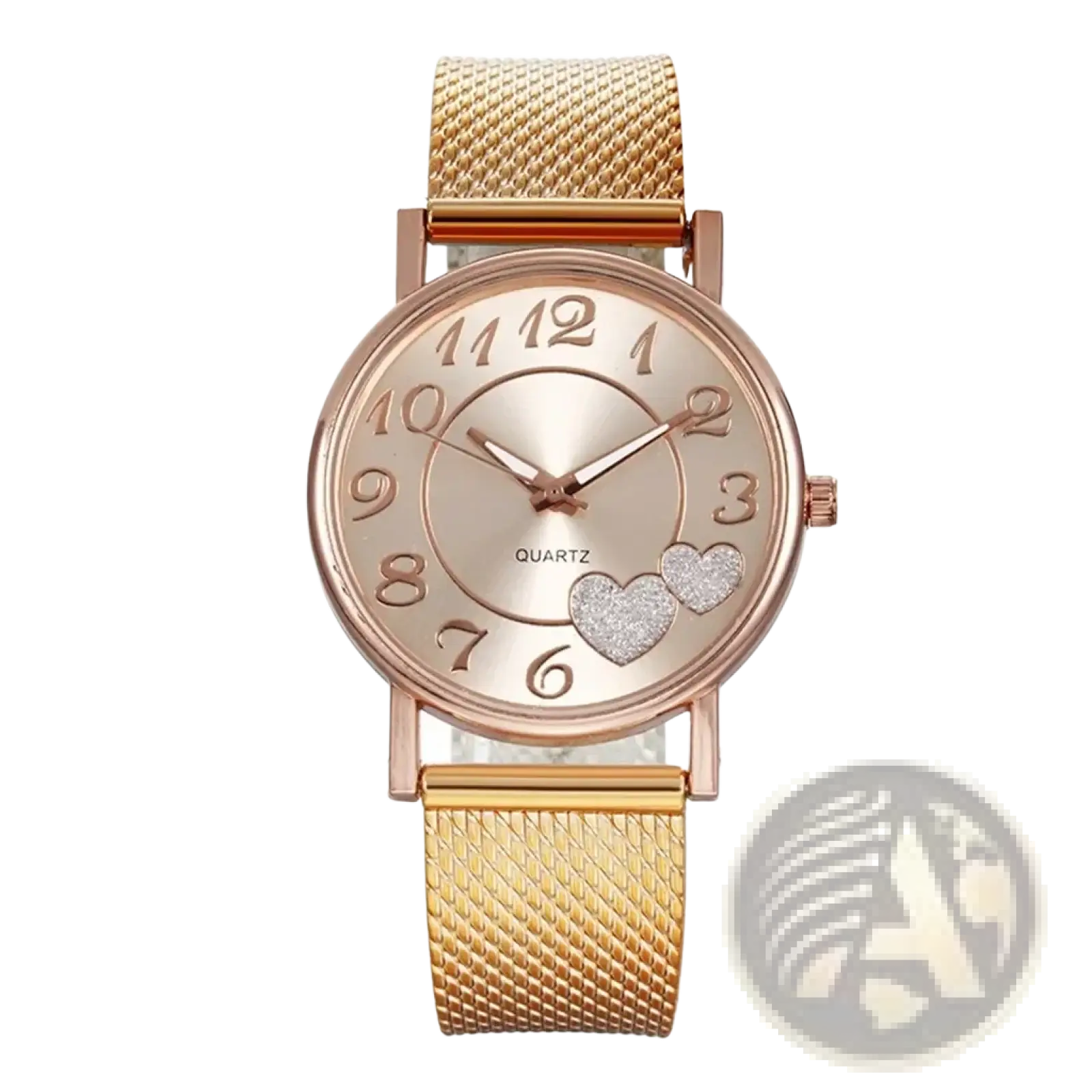 Women luxury ceramic watch with rose gold mesh strap, round face, heart-shaped embellishments, and arabic numerals