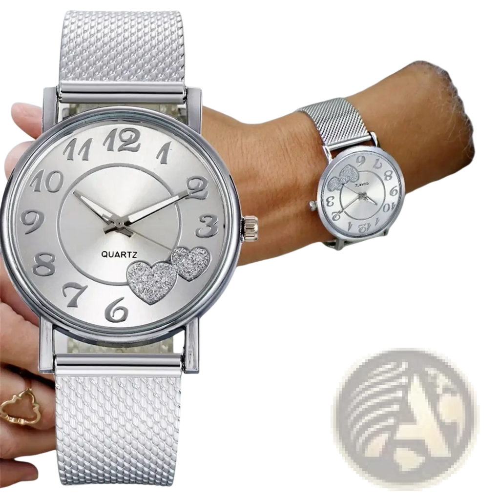 Women luxury ceramic watch with silver mesh band round face heart-shaped embellishments and quartz movement