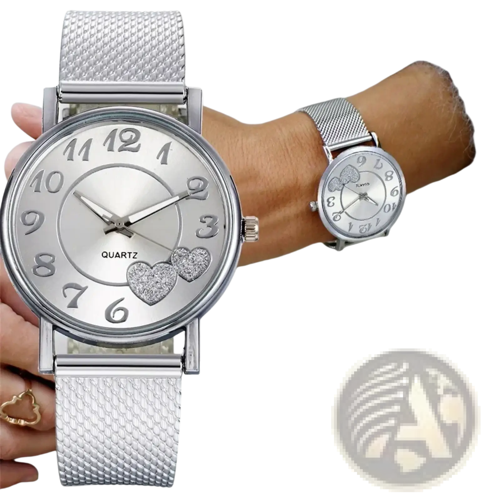 Women luxury ceramic watch with silver mesh band round face heart-shaped embellishments and quartz movement