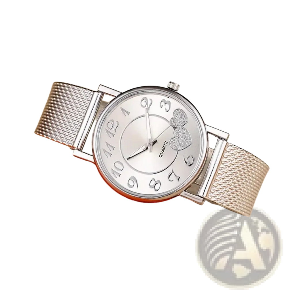 Women luxury ceramic watch with silver mesh strap white dial black arabic numerals and sparkling heart accent near 3 o’clock