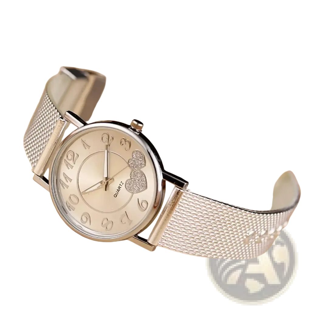 Women luxury ceramic watch with silver mesh strap heart-shaped embellishment and minimalist numerals on the dial