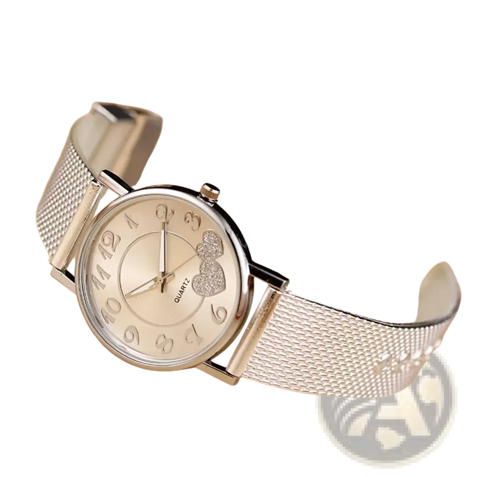 Women luxury ceramic watch with silver mesh strap heart-shaped embellishment and minimalist numerals on the dial