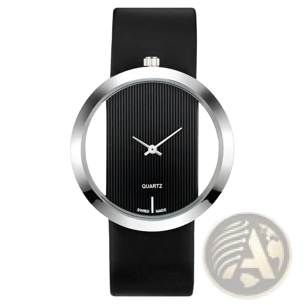 Women luxury leather quartz watch with black leather strap silver case vertical black striped dial minimalist hands