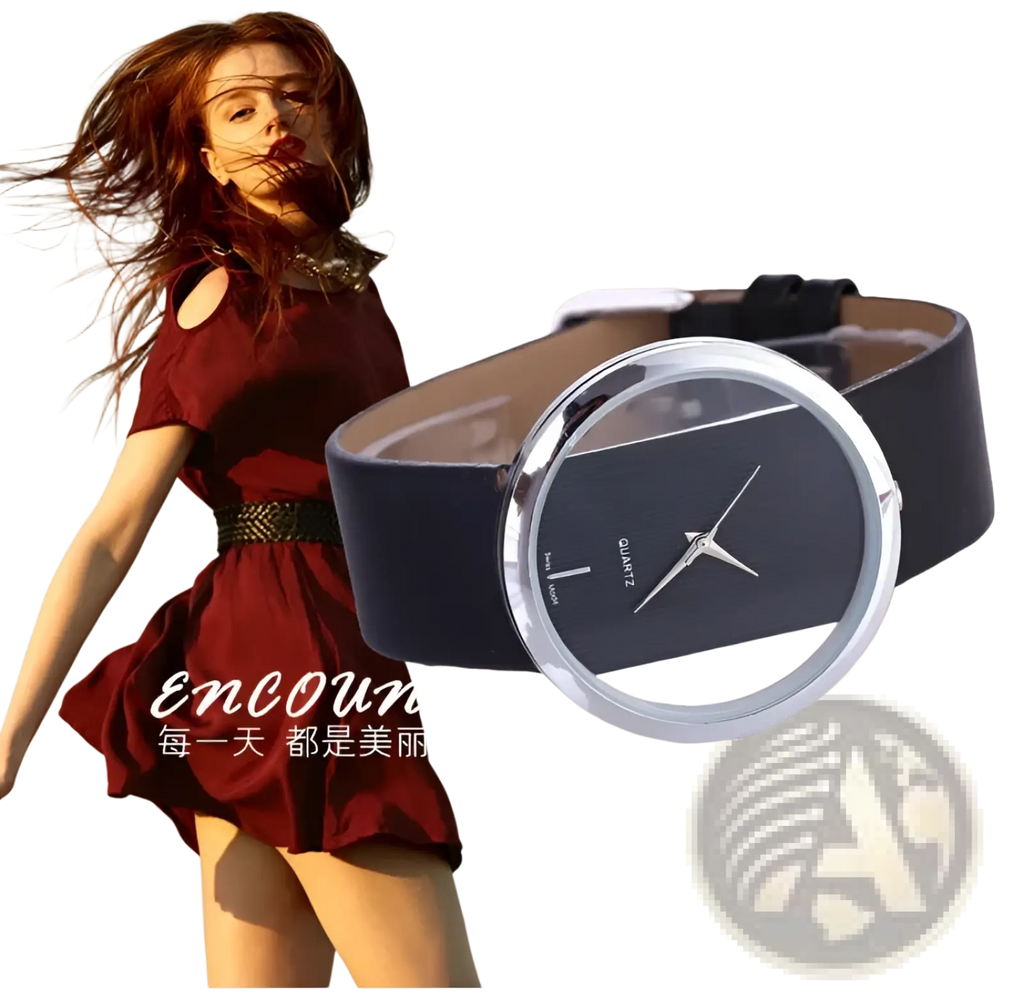 Women luxury leather quartz watch with a black leather strap silver case and minimalist black transparent dial